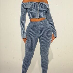 Fashion Nova Blue Ribbed Off-Shoulder Jumpsuit